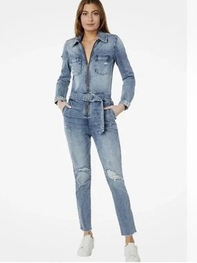 Kut from the Kloth Distressed Denim Jumpsuit with Belted Waist. NWT Size 4